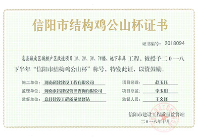 “息縣城南區(qū)域棚戶區(qū)改造項目1#、2#、3#、7#樓、地下車庫工程”被授予2018下半年“信陽市結(jié)構(gòu)雞公山杯”稱號