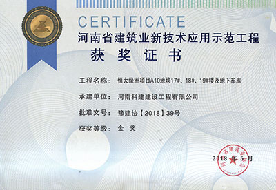 “恒大綠洲項(xiàng)目A10地塊17#、18#、19#樓及地下車庫(kù)工程”榮獲“河南省建筑業(yè)新技術(shù)應(yīng)用示范工程”金獎(jiǎng)