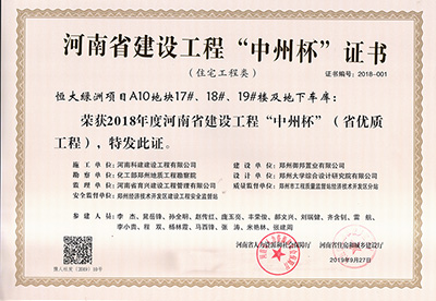 恒大綠洲項(xiàng)目A10地塊17#、18#、19#樓及地下車庫榮獲“2018年度河南省建設(shè)工程中州杯（省優(yōu)質(zhì)工程）”